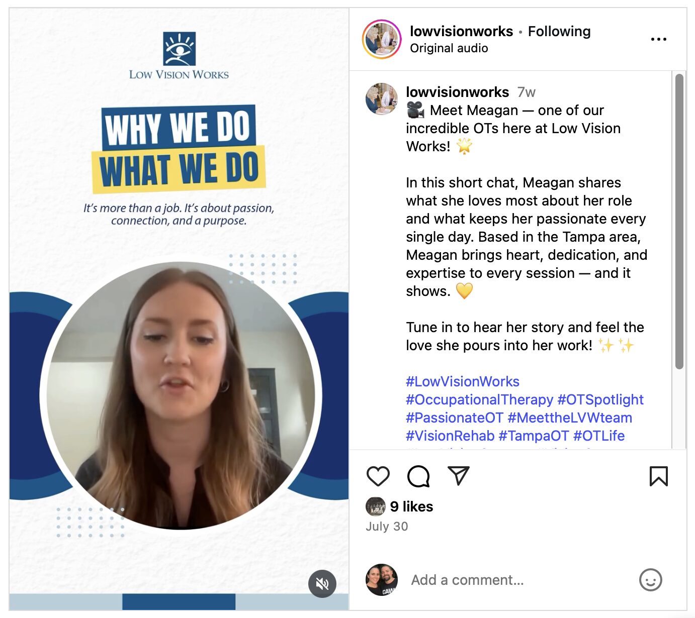 Occupational Therapist who works with Low Vision Works - Instagram Testimonial